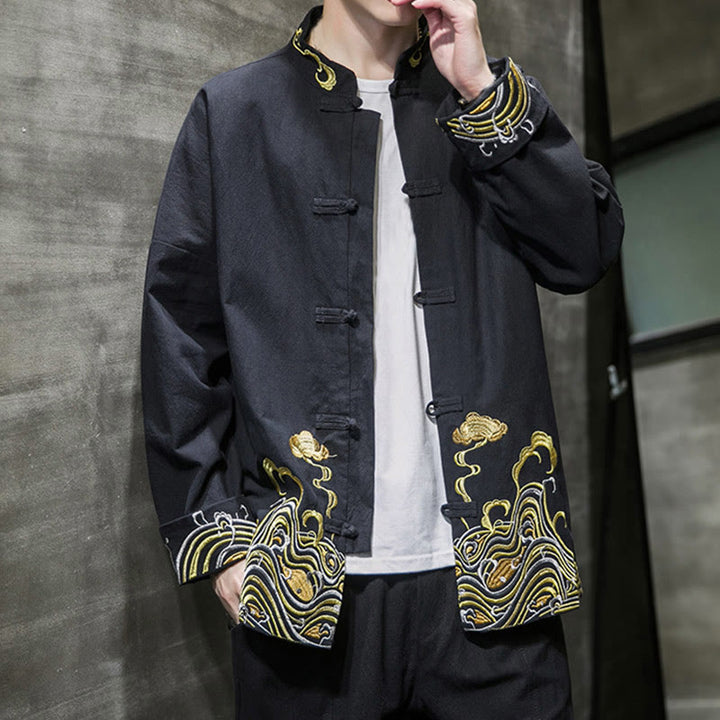 Herren-Tang-Anzugjacke aus Baumwolle mit Buddha Stones, gestickten Wolken und Froschknopfverschluss, langen Ärmeln. - image 17