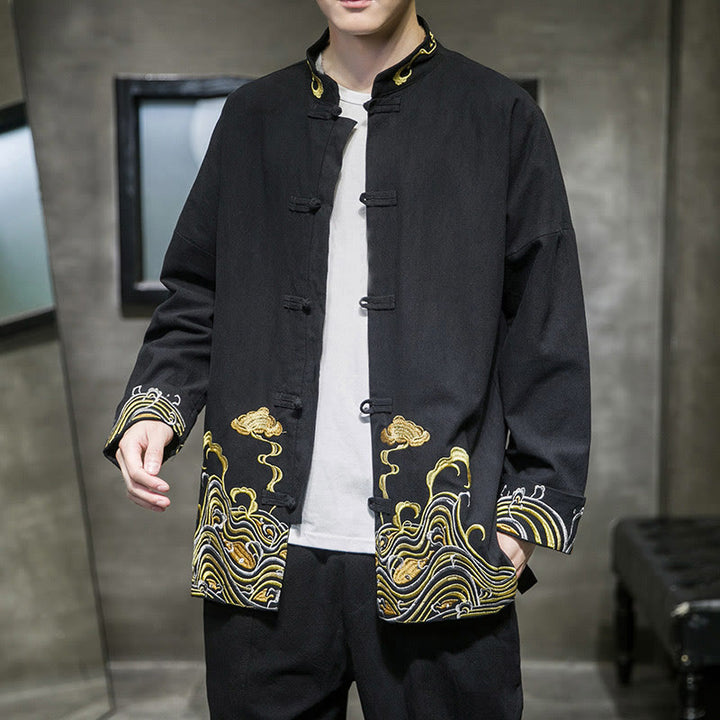 Herren-Tang-Anzugjacke aus Baumwolle mit Buddha Stones, gestickten Wolken und Froschknopfverschluss, langen Ärmeln. - Schwarz - US/ UK/AU46, EU56 (5XL) - image 9