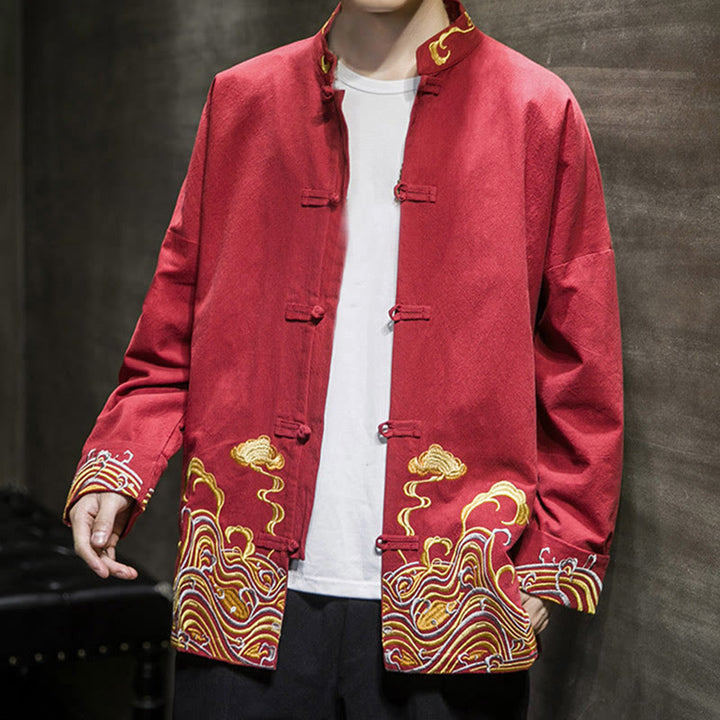 Herren-Tang-Anzugjacke aus Baumwolle mit Buddha Stones , bestickten Wolken und Froschknöpfen - image 7