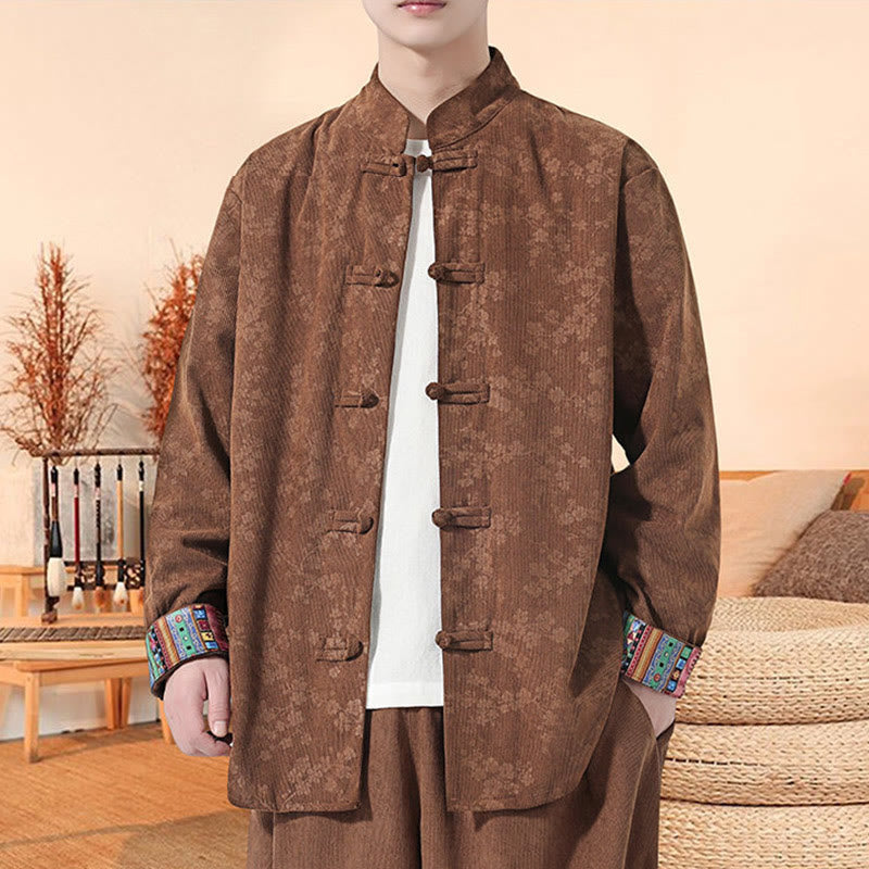 Buddha Stones Herren-Tang-Anzugjacke aus Baumwollcord mit einfarbigem Pflaumenblütenmuster und langen Ärmeln - Sienna - US/ UK/AU46，EU56 (5XL) - image 14