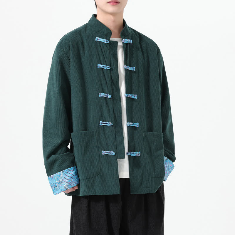 Buddha Stones Blumenmuster, langärmlige Herren-Tang-Anzugjacke aus Baumwollcord mit Taschen - Blaugrün - US/ UK/AU46，EU56 (5XL) - image 13