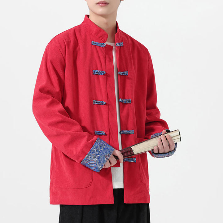 Buddha Stones Blumenmuster, langärmlige Herren-Tang-Anzugjacke aus Baumwollcord mit Taschen - Rot - US/ UK/AU46，EU56 (5XL) - image 0