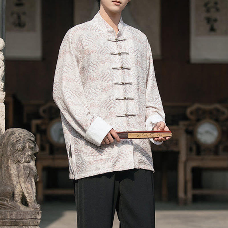 Buddha Stones Printing Blumenmuster Herren Knopf Design Langarmhemd mit Taschen - image 14