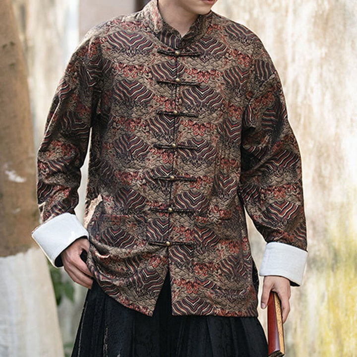 Buddha Stones Printing Blumenmuster Herren Knopf Design Langarmhemd mit Taschen - image 22