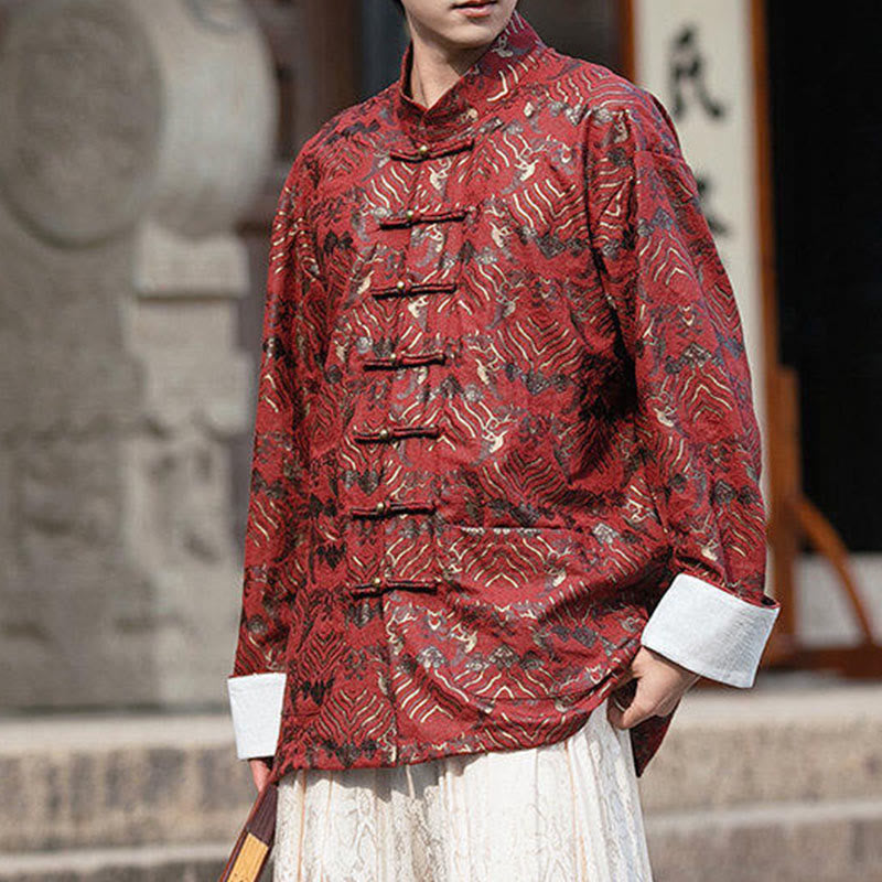 Buddha Stones Printing Blumenmuster Herren Knopf Design Langarmhemd mit Taschen - image 4