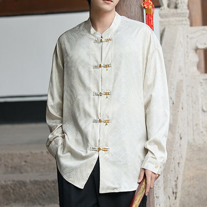 Buddha Stones Chinesischer Frosch-Knopf Bambus-Form-Design Stehkragen Herren Langarmhemd - image 8