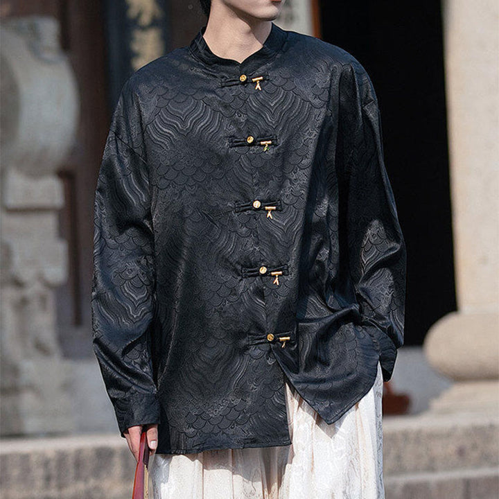 Buddha Stones Chinesischer Frosch-Knopf Bambus-Form-Design Stehkragen Herren Langarmhemd - image 17