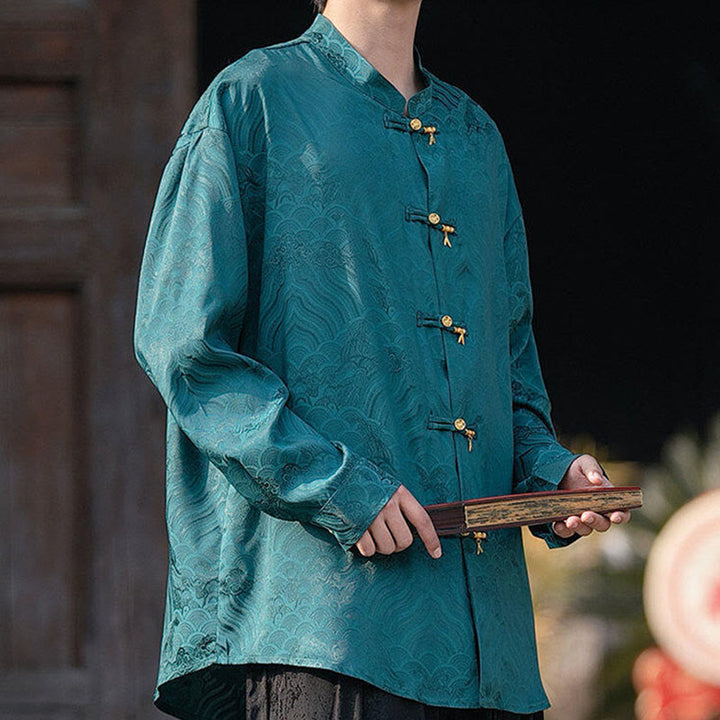 Buddha Stones Chinesischer Frosch-Knopf Bambus-Form-Design Stehkragen Herren Langarmhemd - image 30