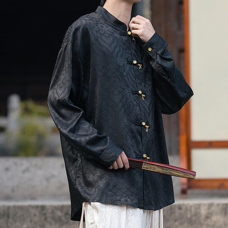 Buddha Stones Chinesischer Frosch-Knopf Bambus-Form-Design Stehkragen Herren Langarmhemd - image 11