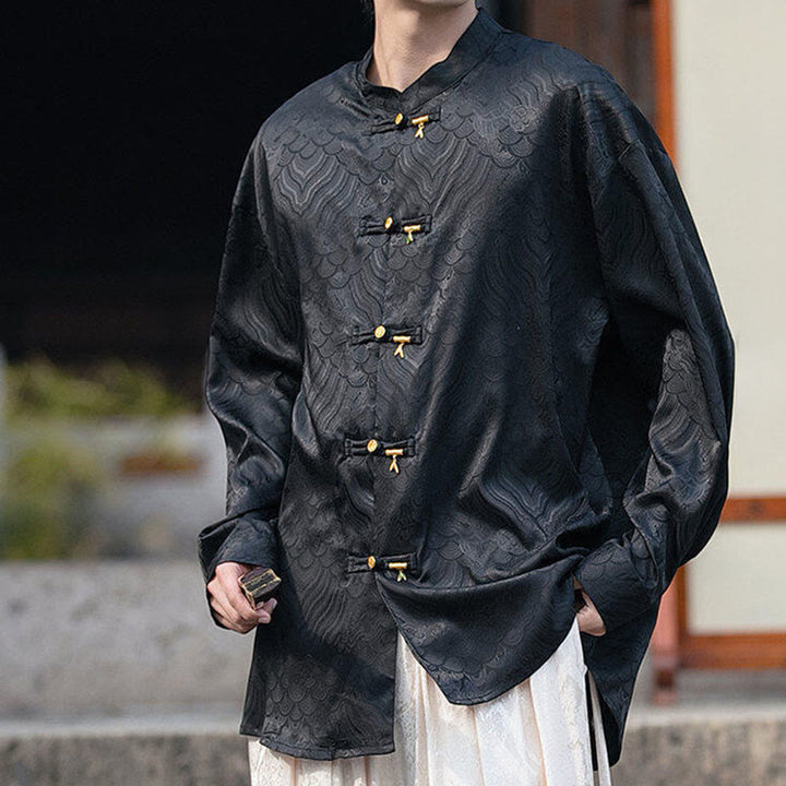 Buddha Stones Chinesischer Frosch-Knopf Bambus-Form-Design Stehkragen Herren Langarmhemd - image 15