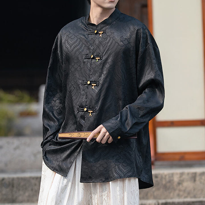 Buddha Stones Chinesischer Frosch-Knopf Bambus-Form-Design Stehkragen Herren Langarmhemd - Schwarz - US/ UK/AU46，EU56 (5XL) - image 10