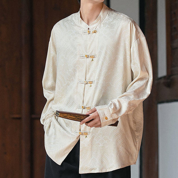 Buddha Stones Chinesischer Frosch-Knopf Bambus-Form-Design Stehkragen Herren Langarmhemd - Beige - US/ UK/AU46, EU56 (5XL) - image 0
