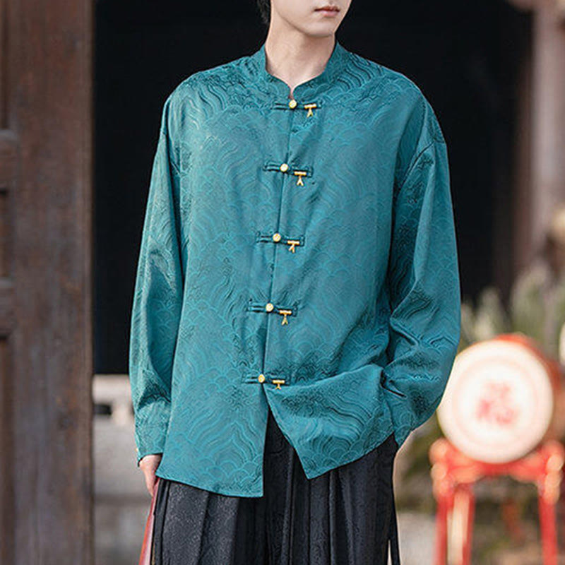 Buddha Stones Chinesischer Frosch-Knopf Bambus-Form-Design Stehkragen Herren Langarmhemd - image 27