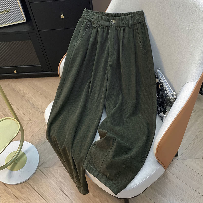 Buddha Stones Damenhose aus Cord und Baumwolle mit weitem Bein und Taschen, schlichtes Design mit elastischem Bund - DunkelOlivGrün - US8-10， UK/AU12-14，EU40-42 (2XL) - image 0