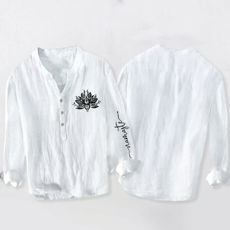 Buddha Stones Lotus Muster Halbknöpfe Herren Langarmhemd aus Baumwolle und Leinen - image 8