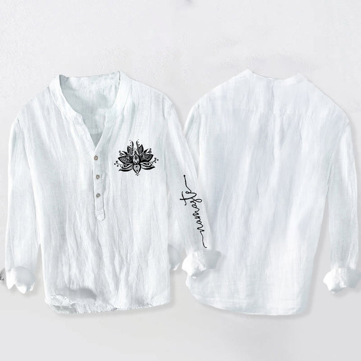 Buddha Stones Lotus Muster Halbknöpfe Herren Langarmhemd aus Baumwolle und Leinen - image 8