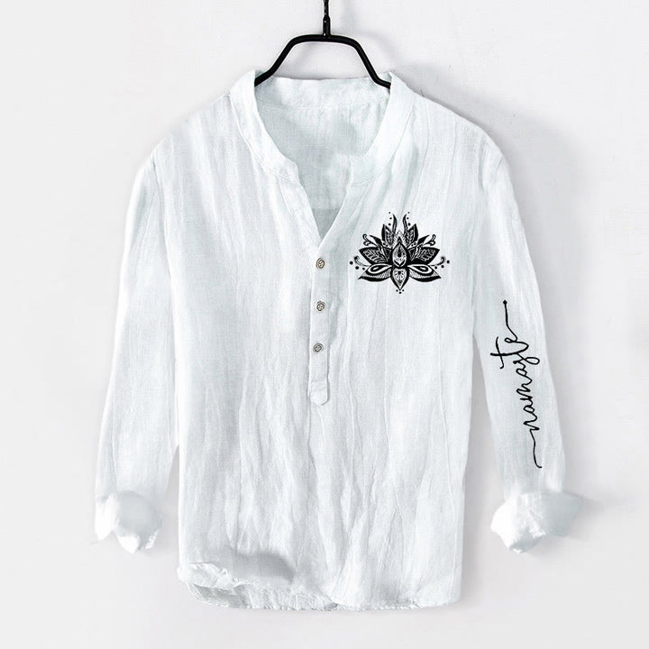 Buddha Stones Lotus Muster Halbknöpfe Herren Langarmhemd aus Baumwolle und Leinen - Weiß - US/ UK/AU50, EU60 (5XL) - image 6