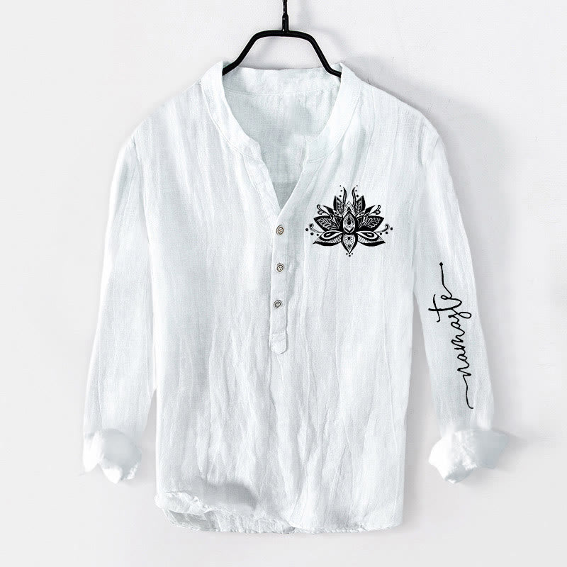 Buddha Stones Lotus Muster Halbknöpfe Herren Langarmhemd aus Baumwolle und Leinen - Weiß - US/ UK/AU50，EU60 (5XL) - image 6