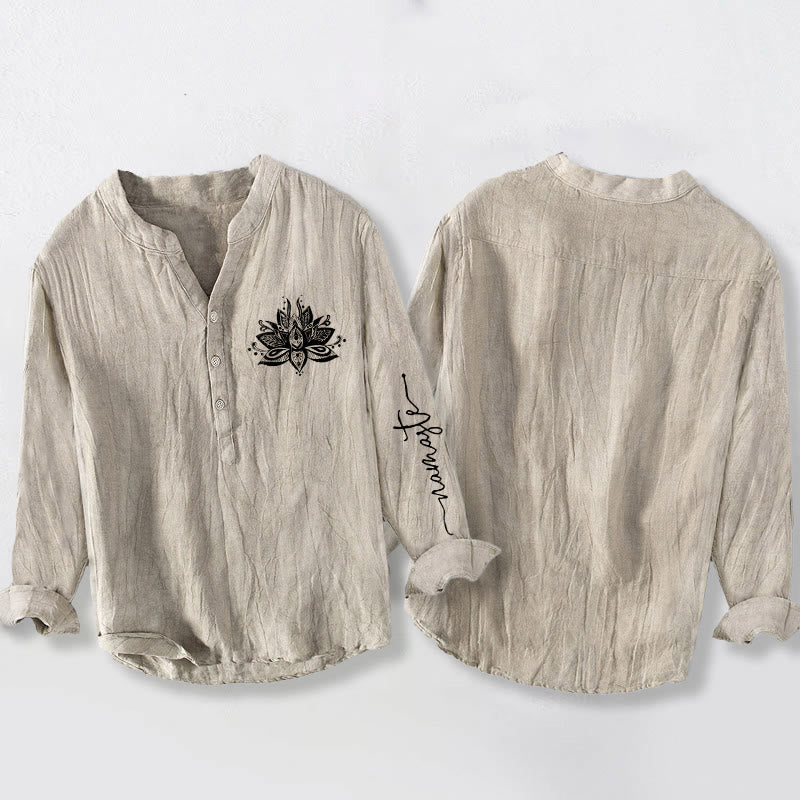 Buddha Stones Lotus Muster Halbknöpfe Herren Langarmhemd aus Baumwolle und Leinen - image 2