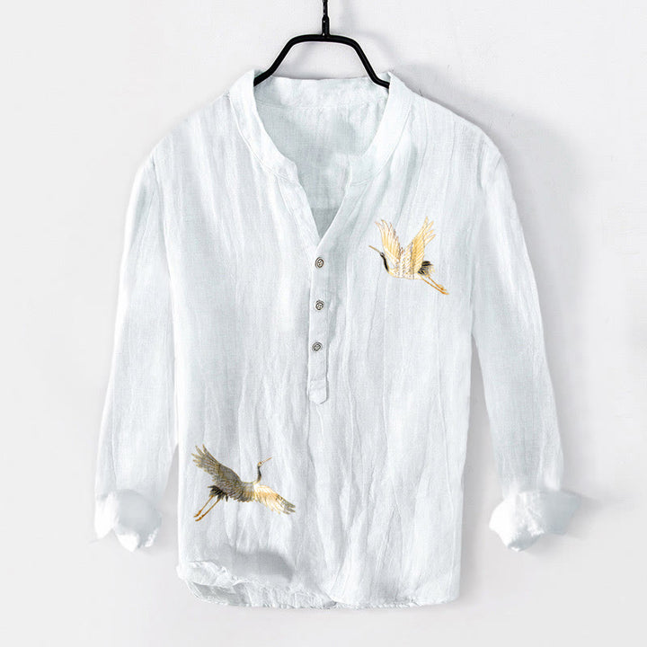 Buddha Stones Kranich Rote Sonne Kiefernbaum Muster Halbknöpfe Herren Langarmhemd aus Baumwolle und Leinen - image 7