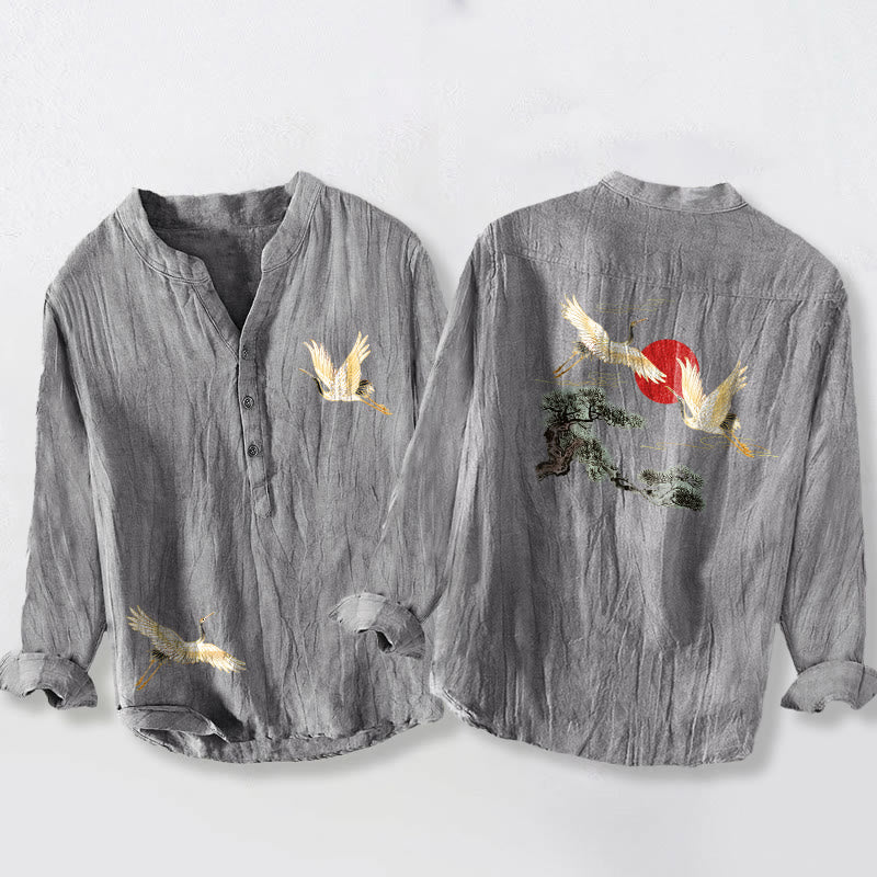 Buddha Stones Kranich Rote Sonne Kiefernbaum Muster Halbknöpfe Herren Langarmhemd aus Baumwolle und Leinen - Grau - US/ UK/AU50，EU60 (5XL) - image 0