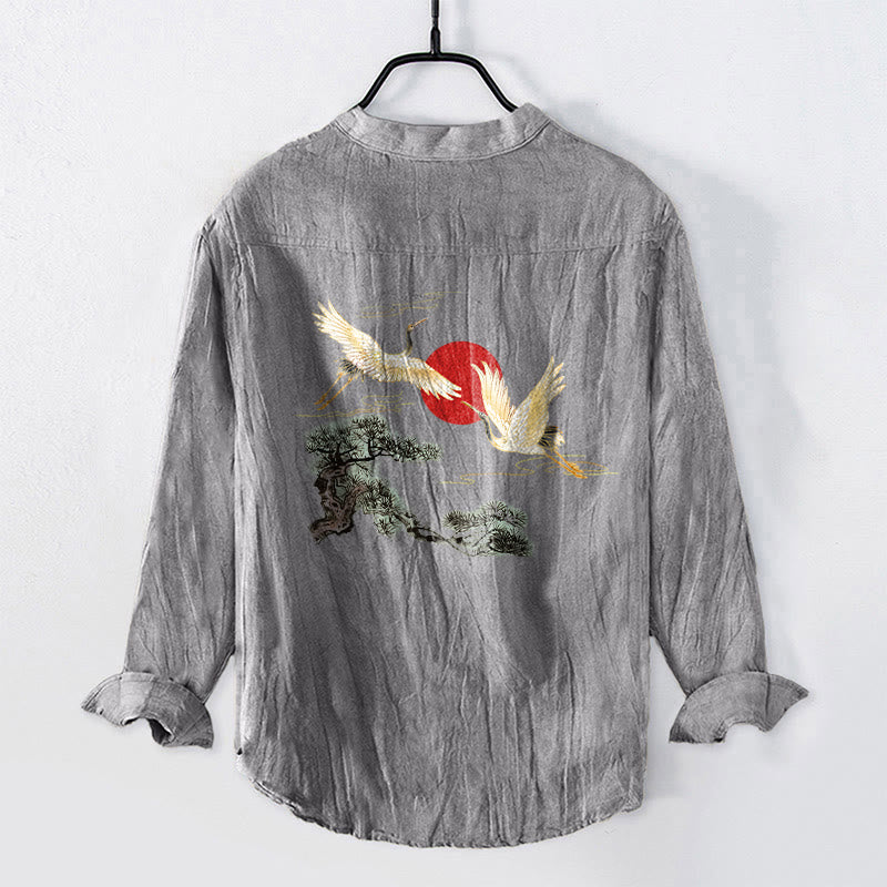 Buddha Stones Kranich Rote Sonne Kiefernbaum Muster Halbknöpfe Herren Langarmhemd aus Baumwolle und Leinen - image 2