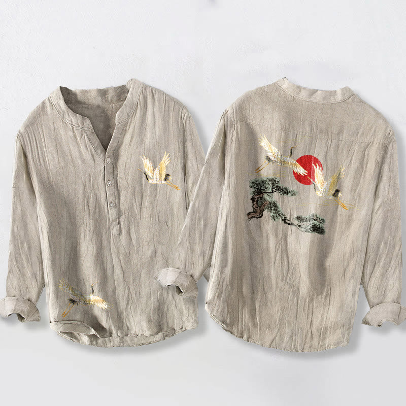 Buddha Stones Kranich Rote Sonne Kiefernbaum Muster Halbknöpfe Herren Langarmhemd aus Baumwolle und Leinen - Leinen - US/ UK/AU50，EU60 (5XL) - image 3
