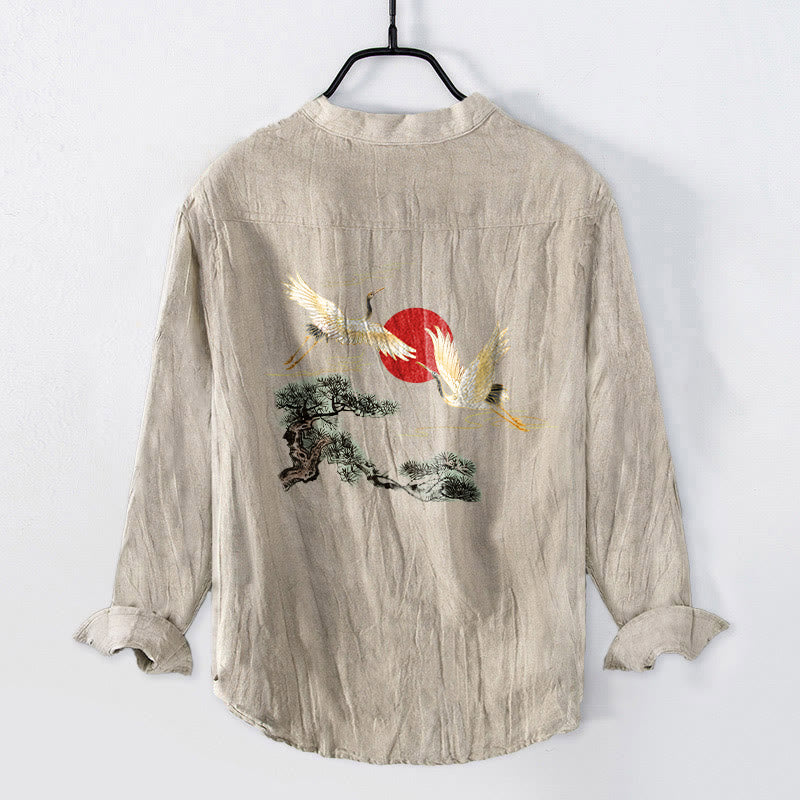 Buddha Stones Kranich Rote Sonne Kiefernbaum Muster Halbknöpfe Herren Langarmhemd aus Baumwolle und Leinen - image 5