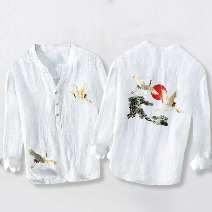 Buddha Stones Kranich Rote Sonne Kiefernbaum Muster Halbknöpfe Herren Langarmhemd aus Baumwolle und Leinen - Weiß - US/ UK/AU50，EU60 (5XL) - image 6