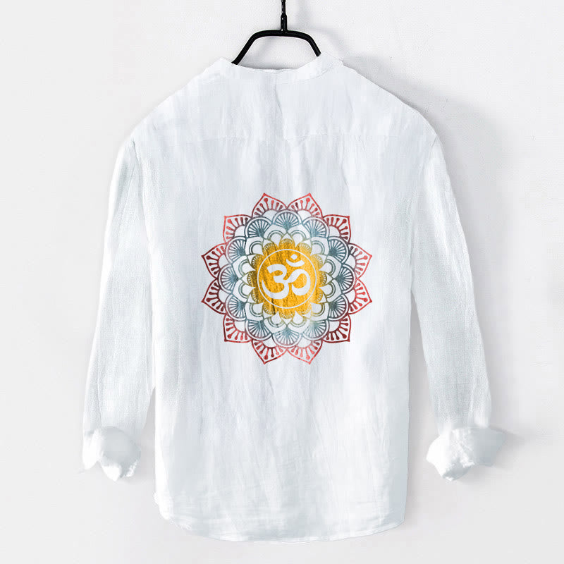 Buddha Stones Halbknöpfe Mandala Om Symbol Muster Herren Langarmhemd aus Baumwolle und Leinen - image 2