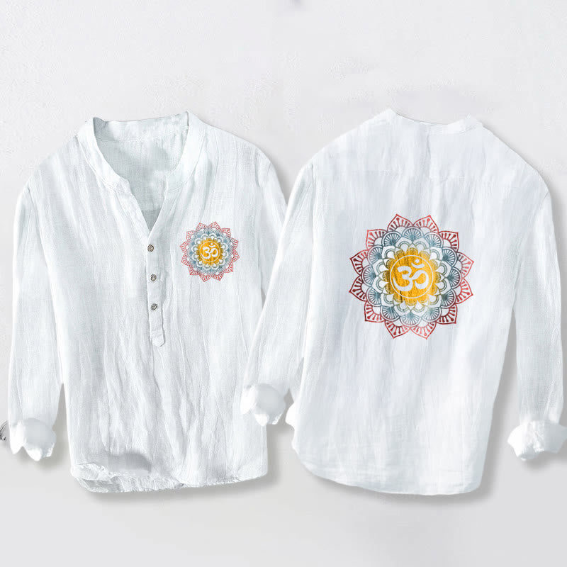 Buddha Stones Halbknöpfe Mandala Om Symbol Muster Herren Langarmhemd aus Baumwolle und Leinen - Weiß - US/UK/AU50, EU60 (5XL) - image 0