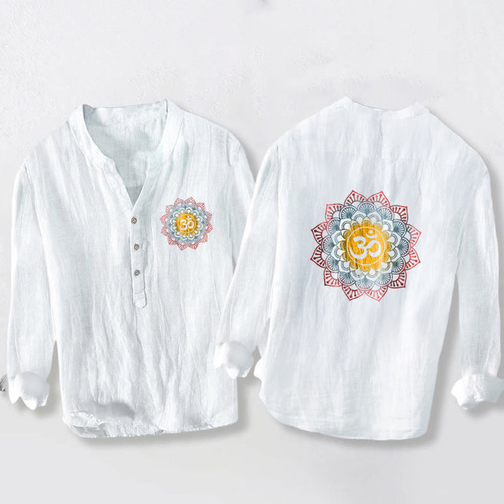 Buddha Stones Halbknöpfe Mandala Om Symbol Muster Herren Langarmhemd aus Baumwolle und Leinen - Weiß - US/UK/AU50, EU60 (5XL) - image 0