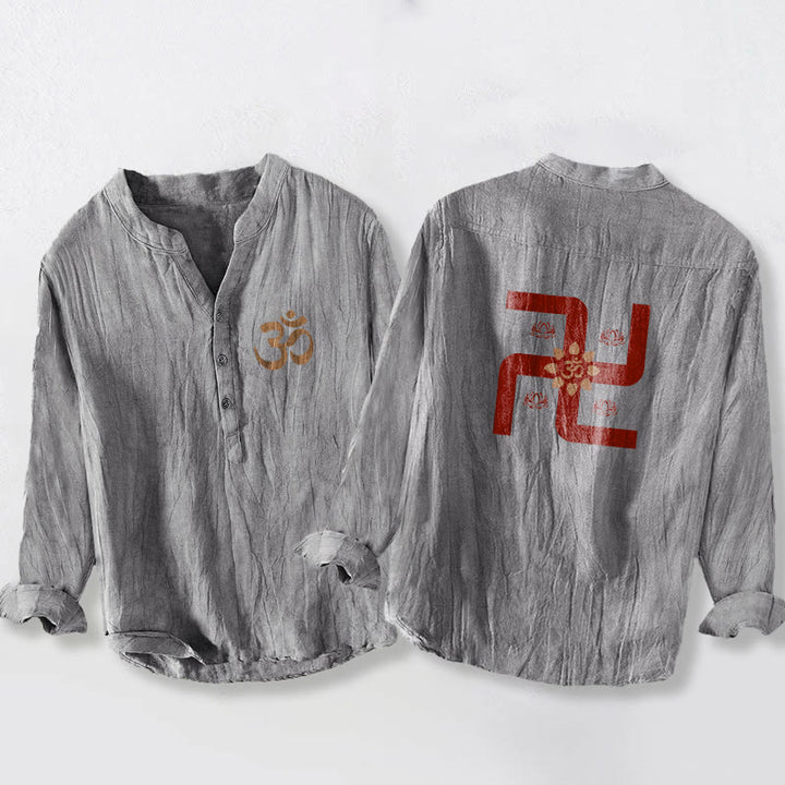 Buddha Stones , halbe Knöpfe, Lotus, Hakenkreuz, Om-Symbol-Muster, Herren-Langarmhemd aus Baumwolle und Leinen - Grau - US/ UK/AU50，EU60 (5XL) - image 3