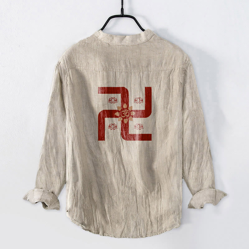 Buddha Stones , halbe Knöpfe, Lotus, Hakenkreuz, Om-Symbol-Muster, Herren-Langarmhemd aus Baumwolle und Leinen - image 2