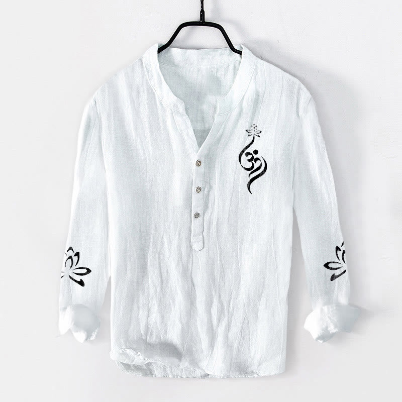 Herren Langarmhemd aus Baumwolle und Leinen mit Buddha Stones und halben Knöpfen, Lotus-Om-Symbol, bedrucktes Muster - Weiß - US/ UK/AU50，EU60 (5XL) - image 6