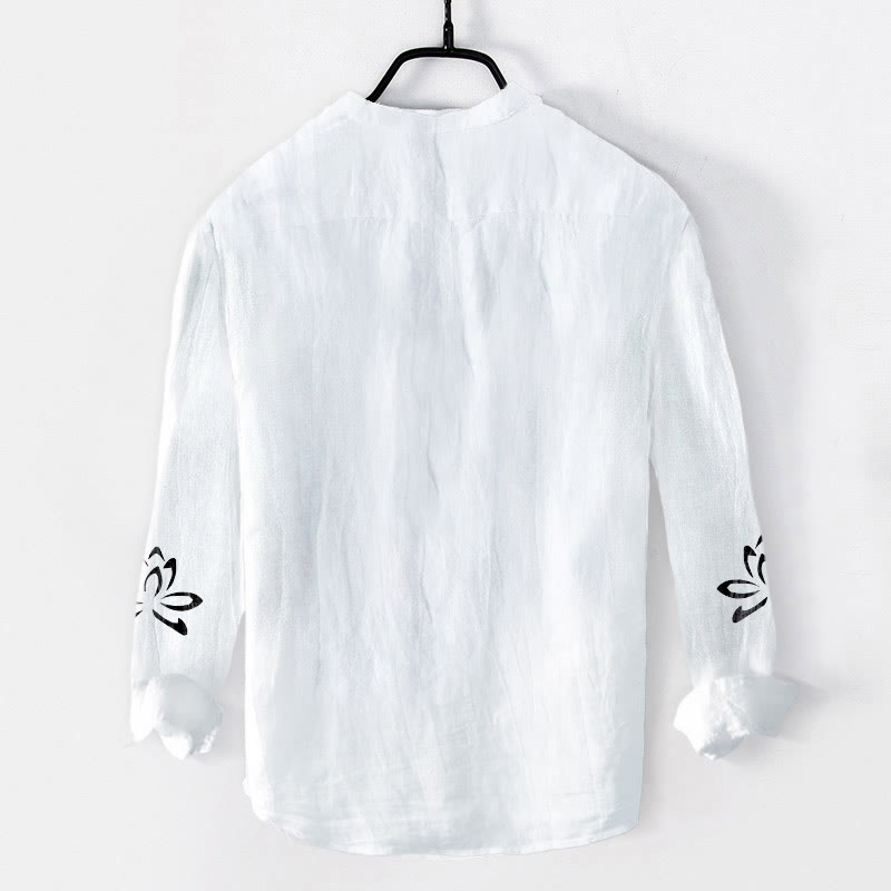 Herren Langarmhemd aus Baumwolle und Leinen mit Buddha Stones und halben Knöpfen, Lotus-Om-Symbol, bedrucktes Muster - image 7