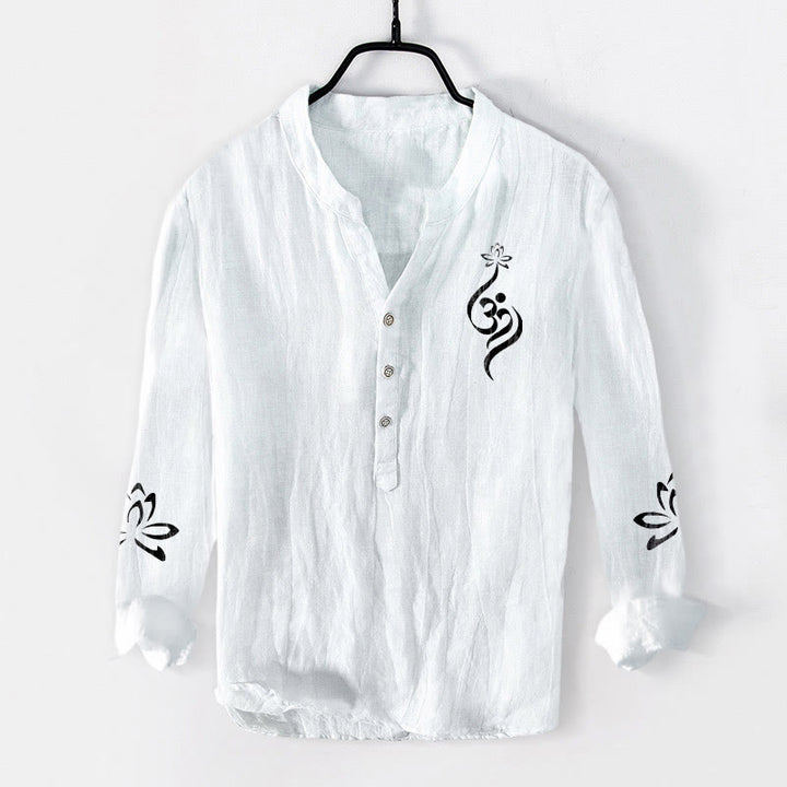 Herren Langarmhemd aus Baumwolle und Leinen mit Buddha Stones und halben Knöpfen, Lotus-Om-Symbol, bedrucktes Muster - Weiß - US/ UK/AU50, EU60 (5XL) - image 6