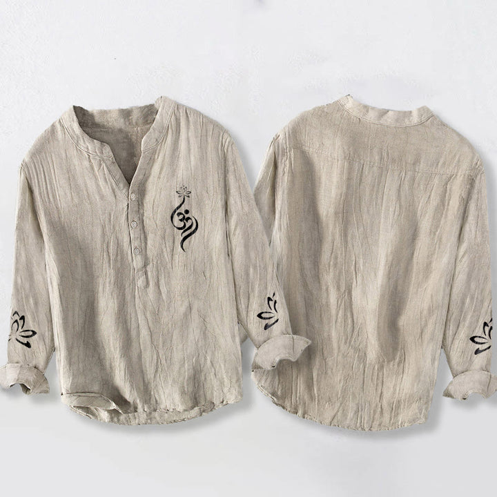 Herren Langarmhemd aus Baumwolle und Leinen mit Buddha Stones und halben Knöpfen, Lotus-Om-Symbol, bedrucktes Muster - image 5