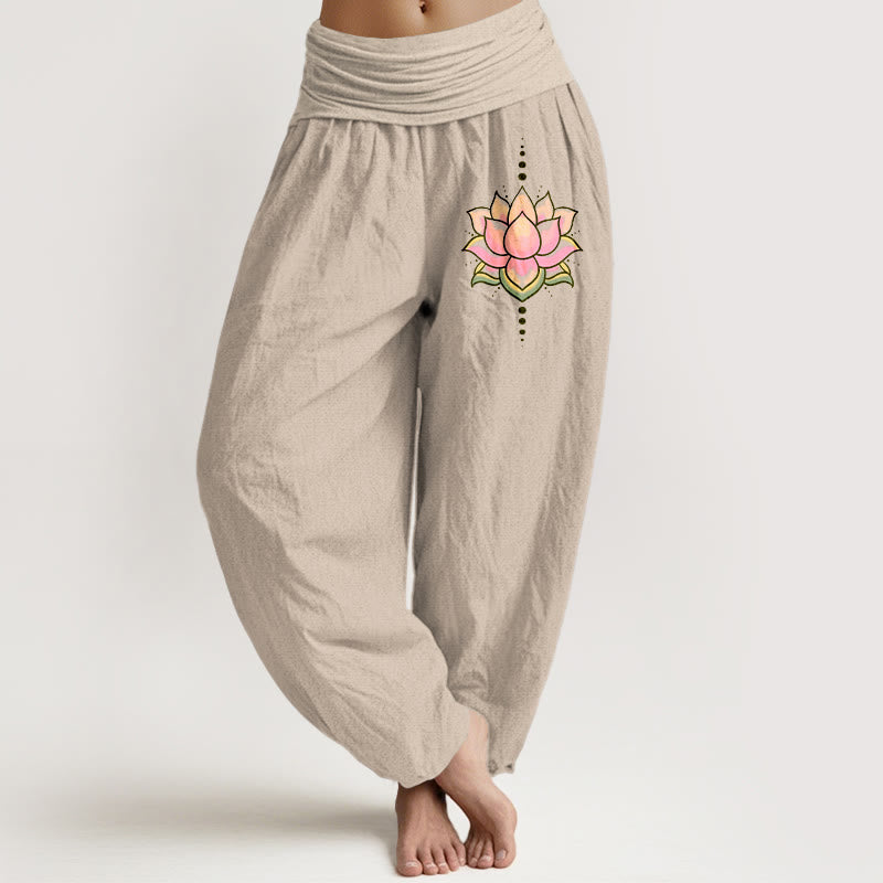 Buddha Stones Damen-Haremshose aus reiner Baumwolle mit rosa Lotusblumenmuster und elastischer Taille - Bräunen - US22， UK/AU26，EU54 (6XL) - image 0
