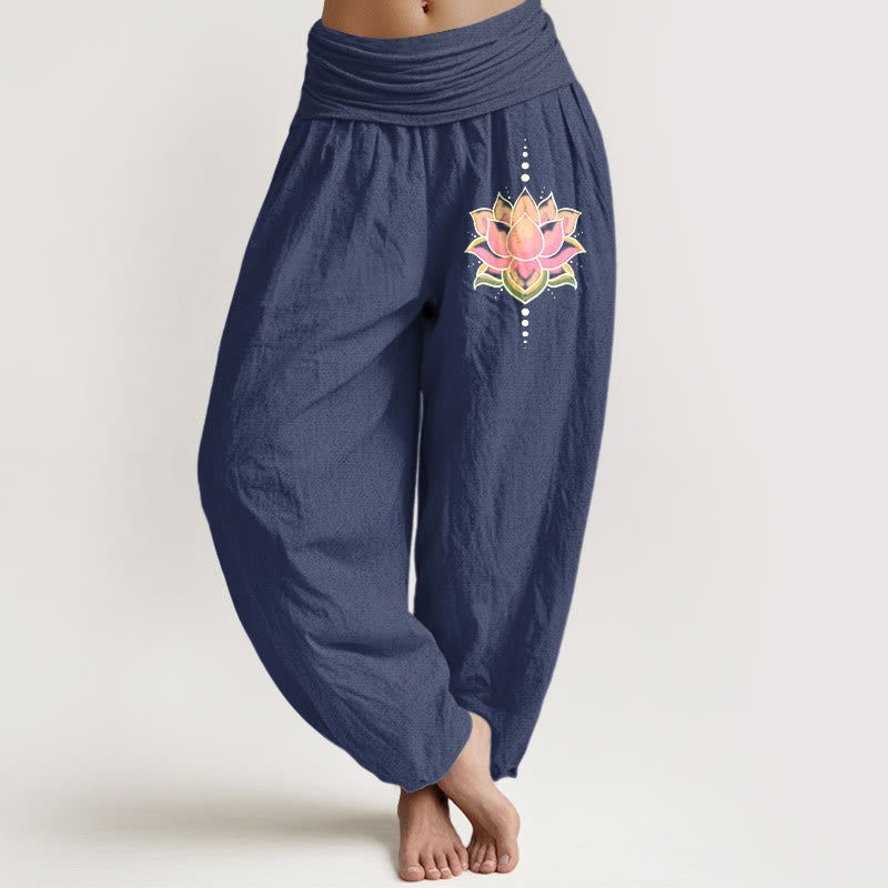 Buddha Stones Damen-Haremshose aus reiner Baumwolle mit rosa Lotusblumenmuster und elastischer Taille - Dunkelschieferblau - US22, UK/AU26, EU54 (6XL) - image 8