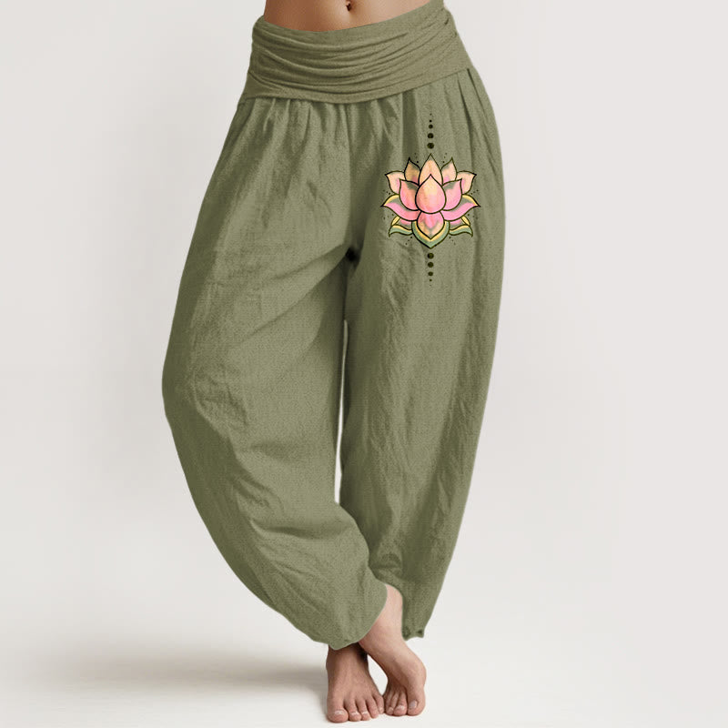 Buddha Stones Damen-Haremshose aus reiner Baumwolle mit rosa Lotusblumenmuster und elastischer Taille - Olivgrün - US22, UK/AU26, EU54 (6XL) - image 14
