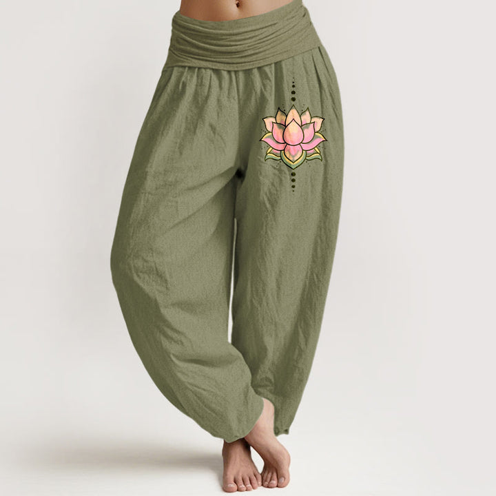 Buddha Stones Damen-Haremshose aus reiner Baumwolle mit rosa Lotusblumenmuster und elastischer Taille - Olivgrün - US22, UK/AU26, EU54 (6XL) - image 14