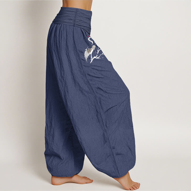Damen Haremshose aus reiner Baumwolle mit Buddha Stones und Kranich-Muster und elastischer Taille - image 1
