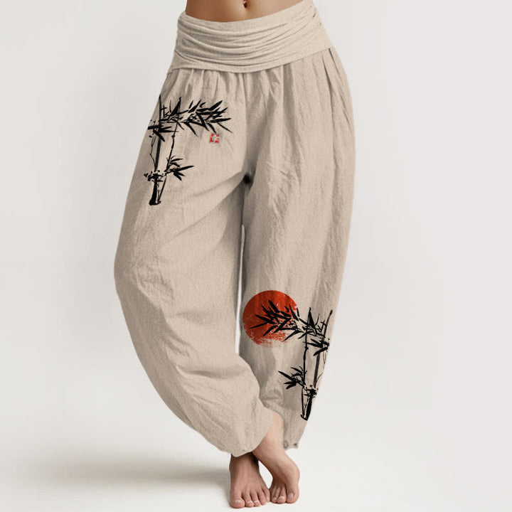 Buddha Stones Bambusblätter Rotes Sonnenmuster Damen Haremshose aus reiner Baumwolle mit elastischer Taille - Bräunen - US22， UK/AU26，EU54 (6XL) - image 14