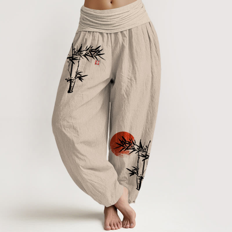 Buddha Stones Bambusblätter Rotes Sonnenmuster Damen Haremshose aus reiner Baumwolle mit elastischer Taille - Bräunen - US22, UK/AU26, EU54 (6XL) - image 14