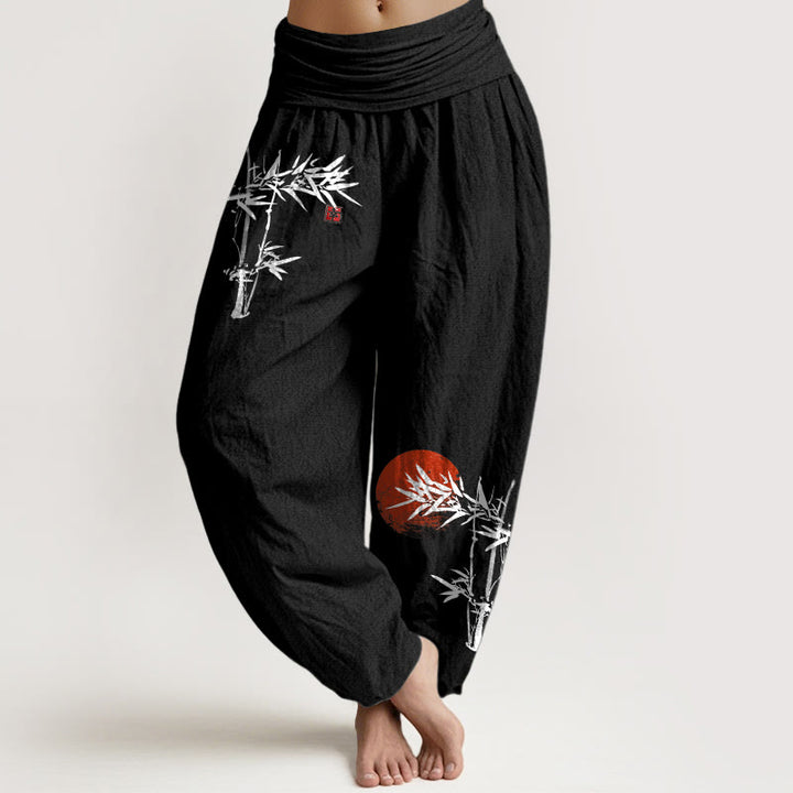 Buddha Stones Bambusblätter Rotes Sonnenmuster Damen Haremshose aus reiner Baumwolle mit elastischer Taille - Schwarz - US22， UK/AU26，EU54 (6XL) - image 5