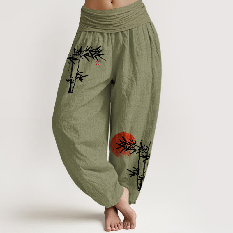 Buddha Stones Bambusblätter Rotes Sonnenmuster Damen Haremshose aus reiner Baumwolle mit elastischer Taille - Olivgrün - US22, UK/AU26, EU54 (6XL) - image 0