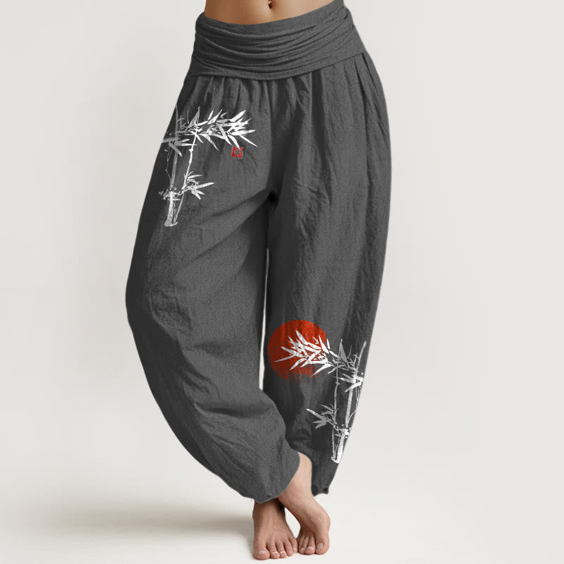 Buddha Stones Bambusblätter Rotes Sonnenmuster Damen Haremshose aus reiner Baumwolle mit elastischer Taille - DimGray - US22, UK/AU26, EU54 (6XL) - image 11