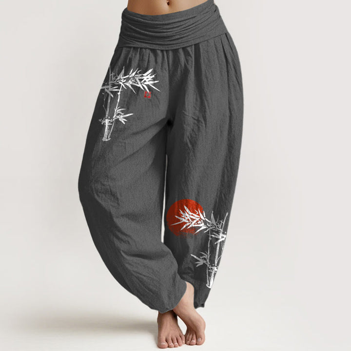 Buddha Stones Bambusblätter Rotes Sonnenmuster Damen Haremshose aus reiner Baumwolle mit elastischer Taille - DimGray - US22, UK/AU26, EU54 (6XL) - image 11