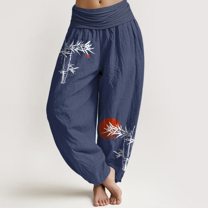 Buddha Stones Bambusblätter Rotes Sonnenmuster Damen Haremshose aus reiner Baumwolle mit elastischer Taille - DunkelSchieferblau - US22， UK/AU26，EU54 (6XL) - image 8